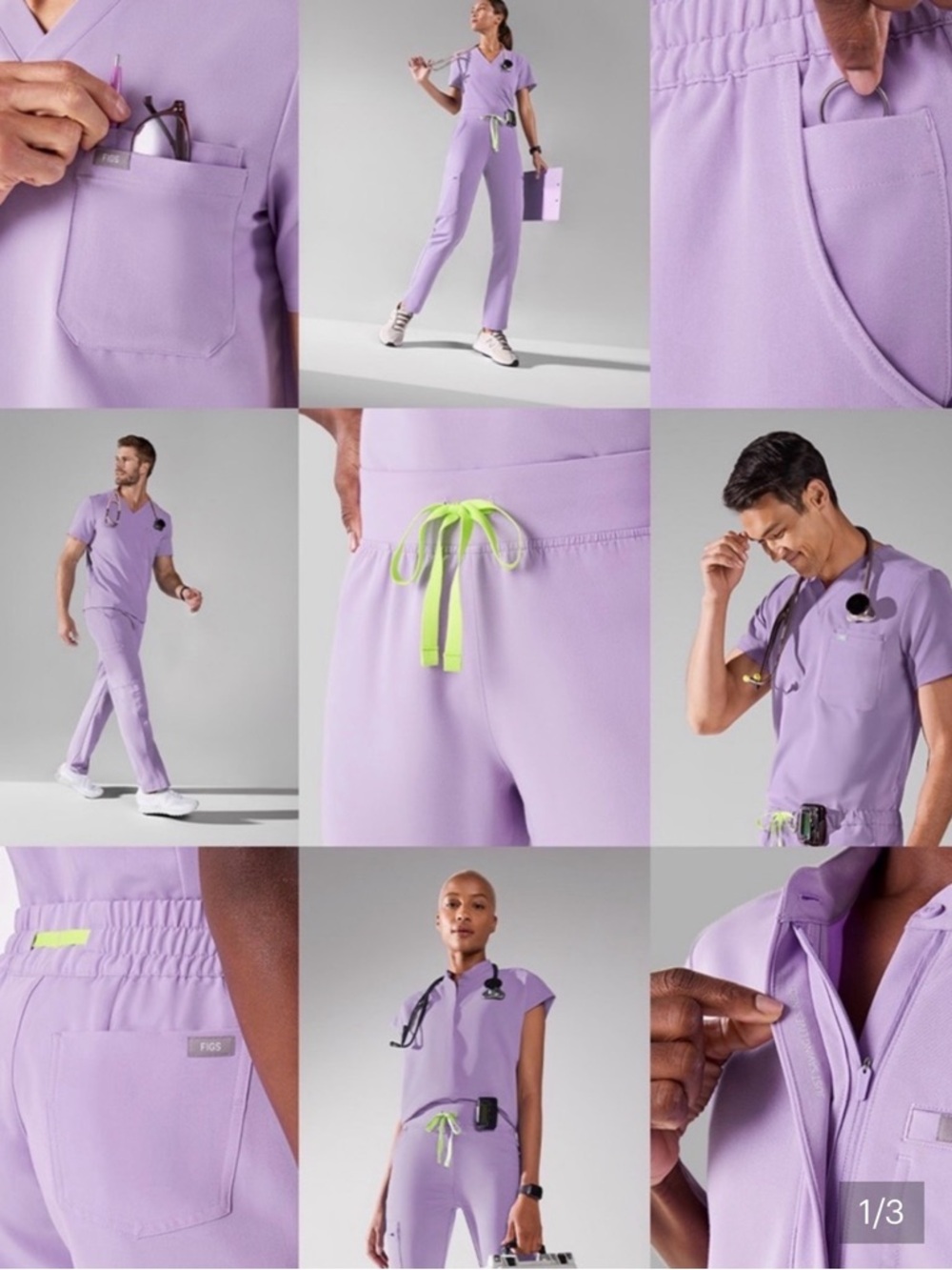 FIGS Lavender Scrub Pants with Neon Green Drawstring